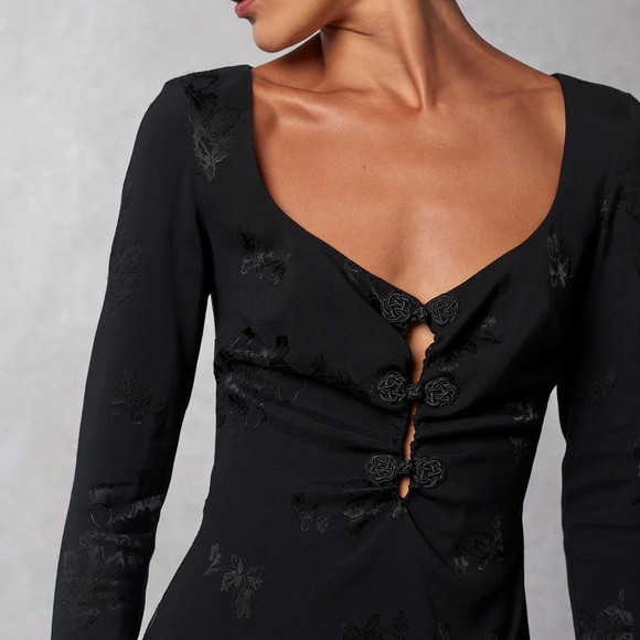 ROUJE PARIS Nancia Floral Jacquard Silk Satin Black Mini Dress Frog Knot Detail - Picture 3 of 16